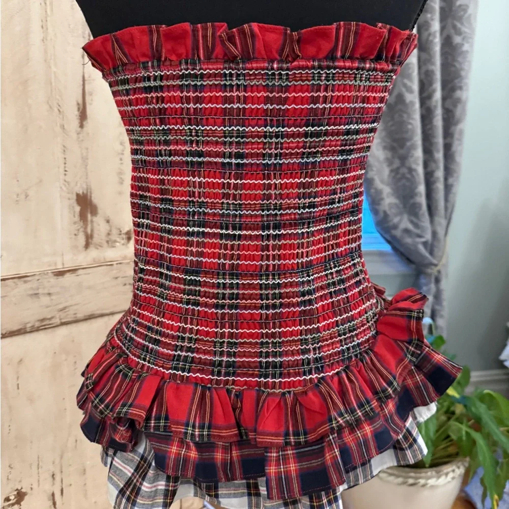 English Factory Red & Navy Smocked Tartan Tiered Ruffle Hem Skirt/top. Sz small - Picture 4 of 14